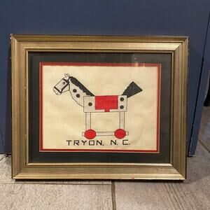 Tryon, NC Cross Stitch Morris The Horse Gold Frame, Double Matted Under Glass